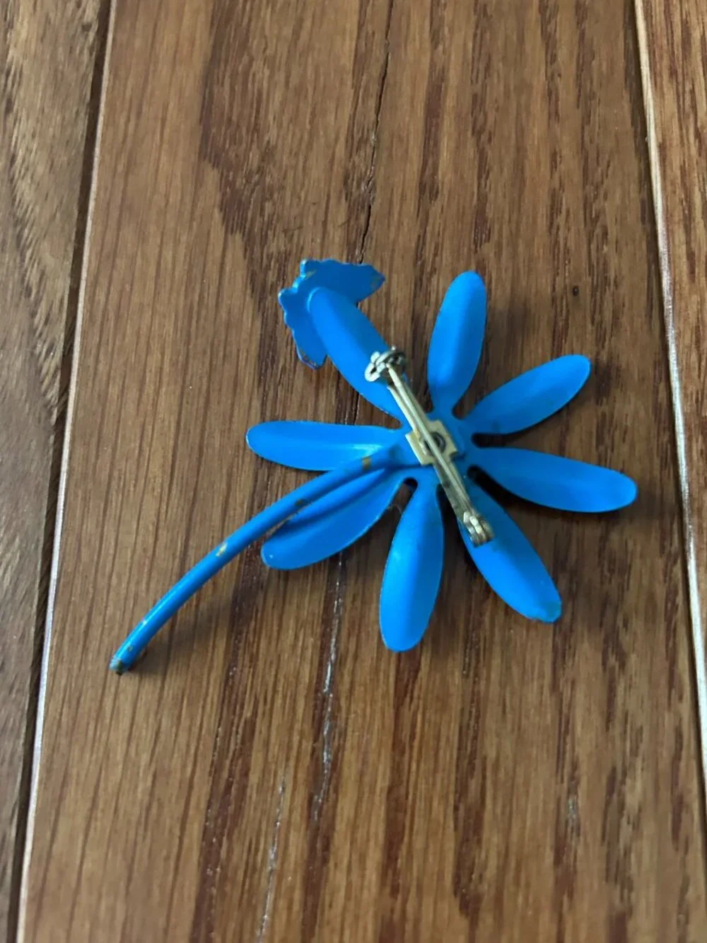 Vintage 1960s Blue Enamel Flower Brooch with Red Butterfly